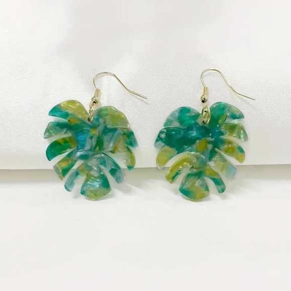 Green & Yellow Acetate Acrylic Monstera Leaf Tropical Palm Frond Dangle Earrings - Picture 2 of 6